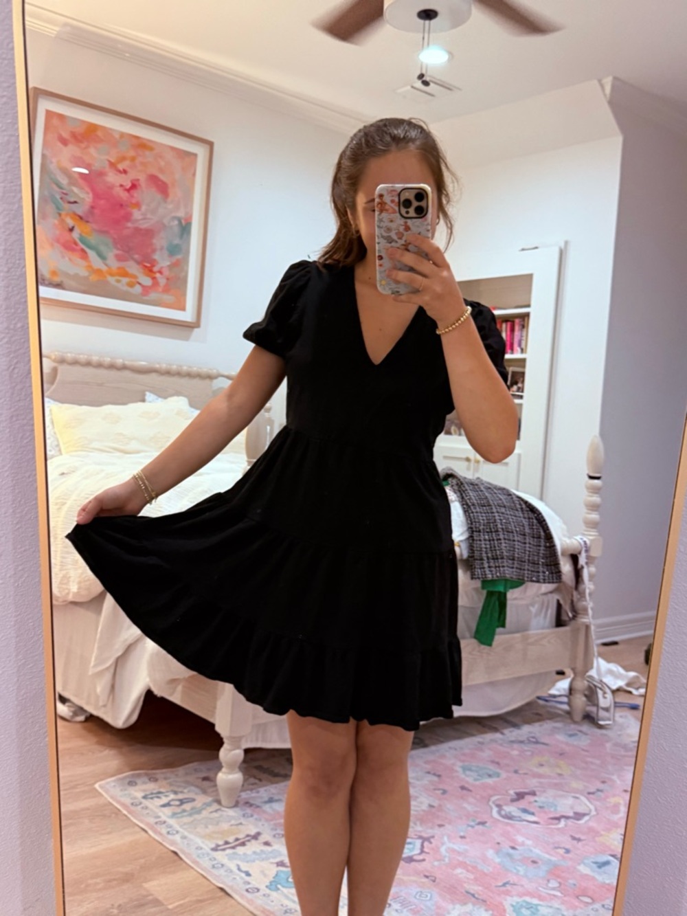 RD Style Black V-Neck Tiered Mini Dress